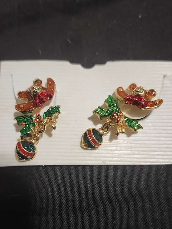 Jewelry - Vintage Christmas Teddy Bear & Ornament Dangle Earrings Gold Tone